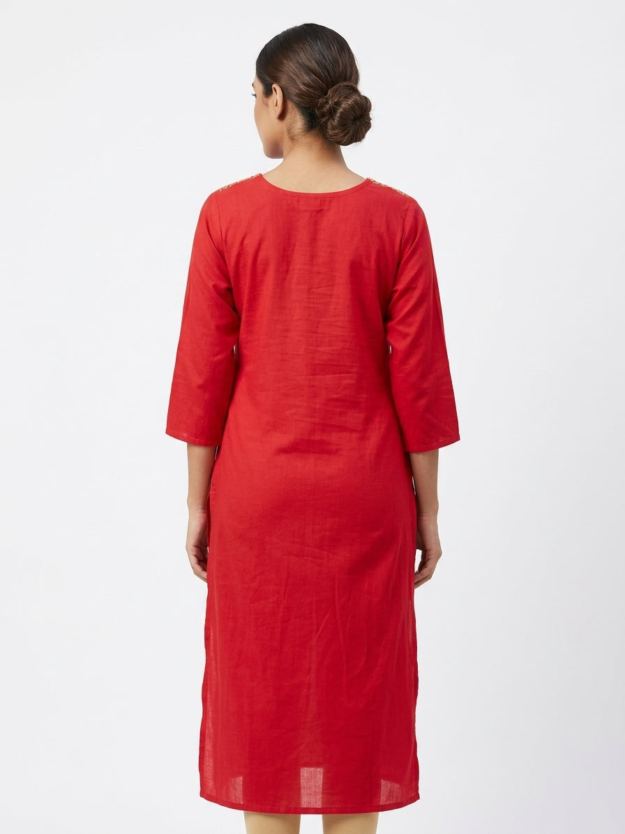 Red Embroidered Round Neck Kurti