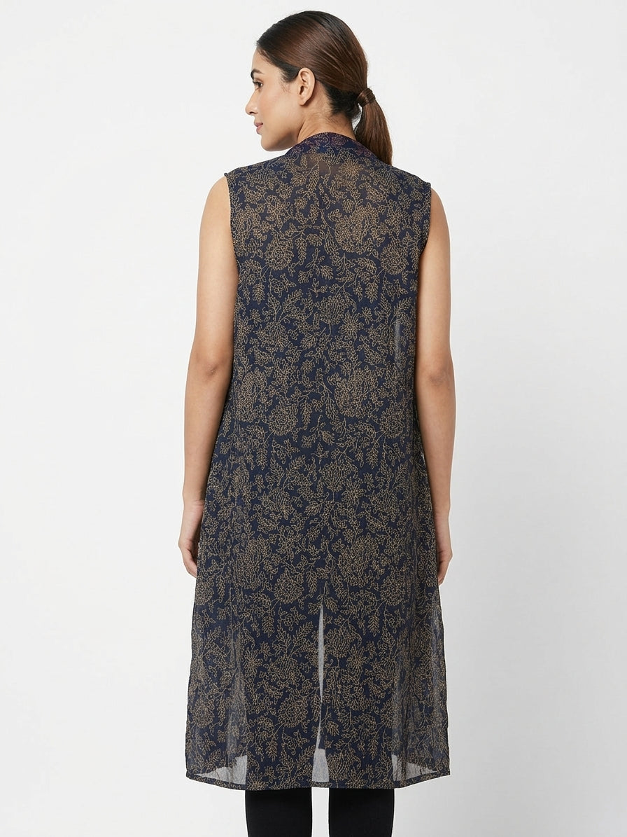 Women's Navy Floral Print Sleeveless Shrug