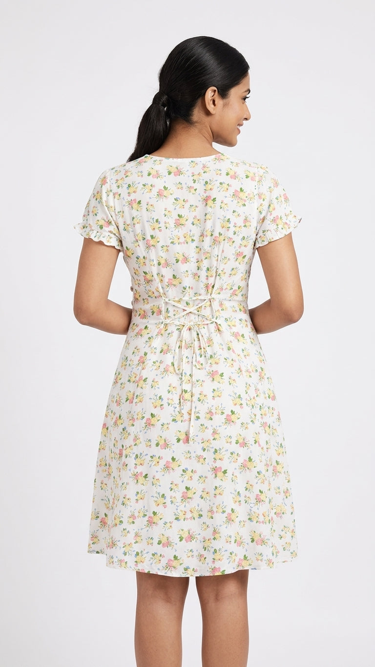 Women's White Floral Button-Front Short Sleeve Dress