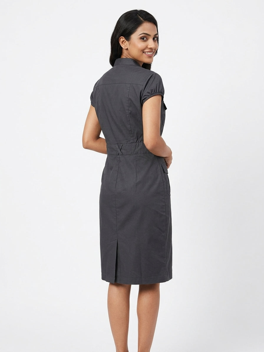 Charcoal Short Sleeve Button-Down Midi Dress
