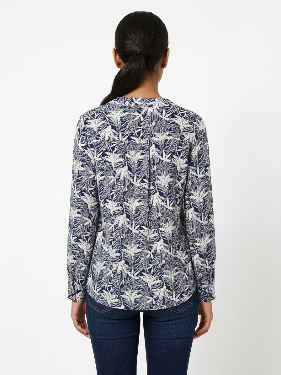 Women's Navy and White Leaf Print Casual Top