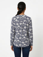 Women's Navy and White Leaf Print Casual Top