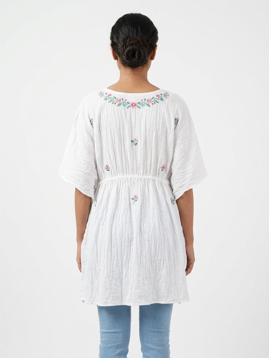 Women's White Embroidered Relaxed Fit Tunic Top