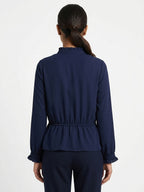 Women's Navy Ruffle Neck Long Sleeve Blouse