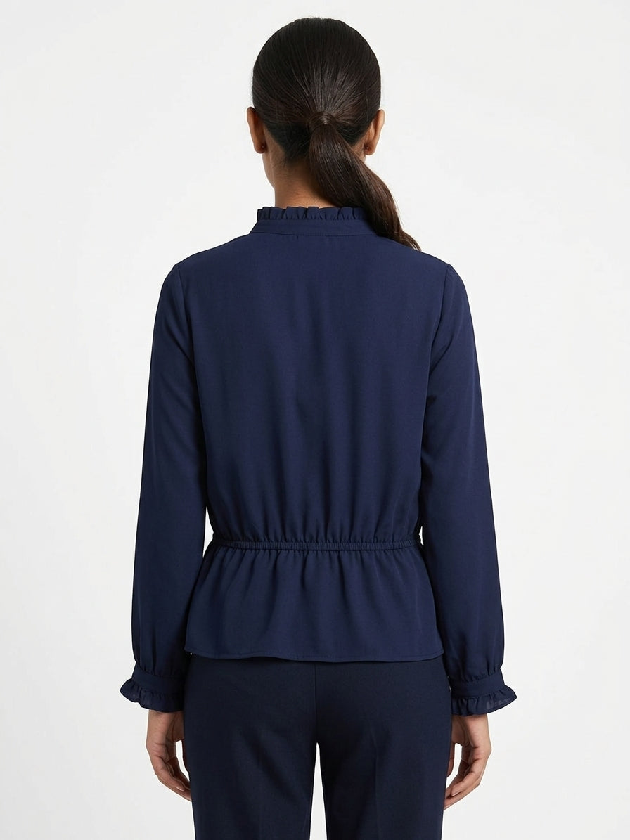 Women's Navy Ruffle Neck Long Sleeve Blouse
