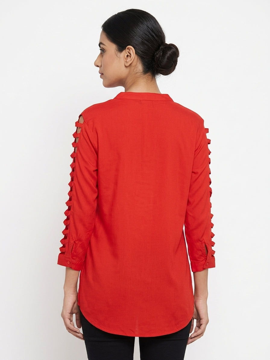 Red Casual Button-Front Top with Cut-out Sleeves