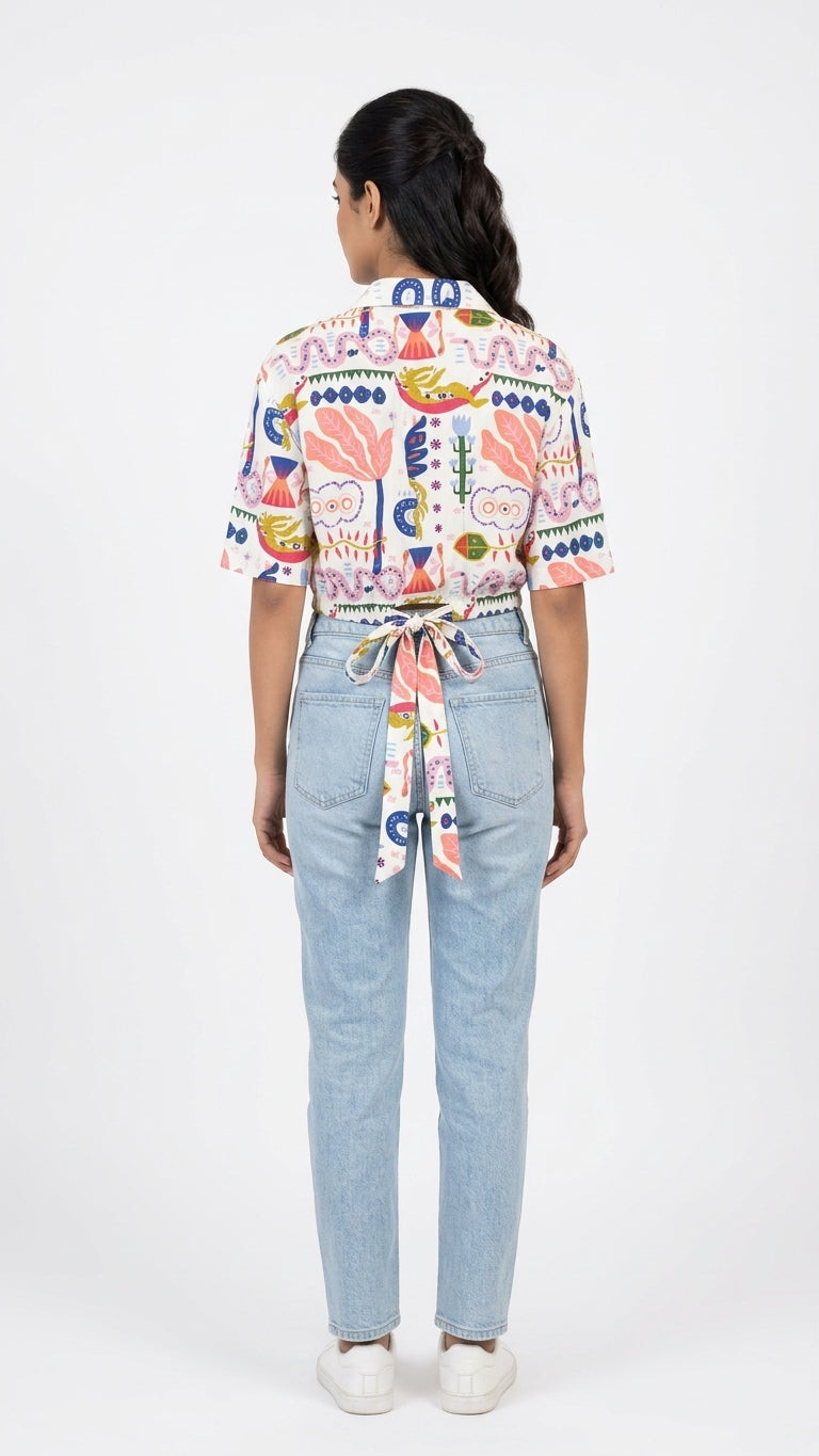 White Multi-Patterned Casual Tie-Front Top