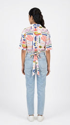 White Multi-Patterned Casual Tie-Front Top