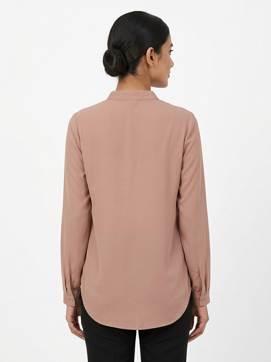 Women's Tan Mandarin Collar Long Sleeve Top