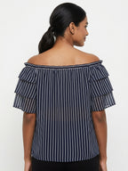 Navy Blue and White Striped Ruffled Off-Shoulder Top