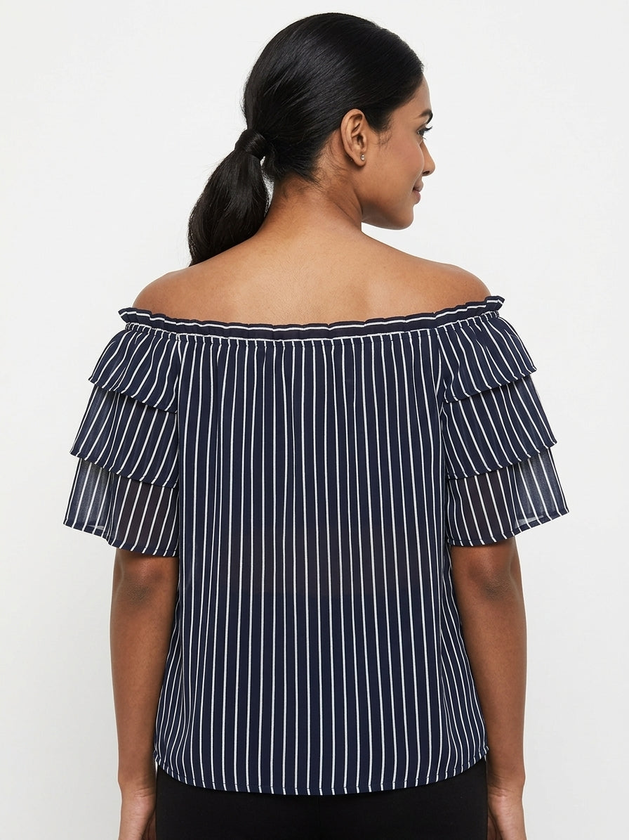 Navy Blue and White Striped Ruffled Off-Shoulder Top