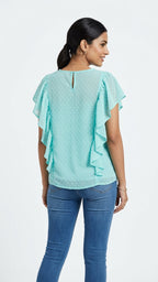 Women's Ruffled Swiss Dot Turquoise Top