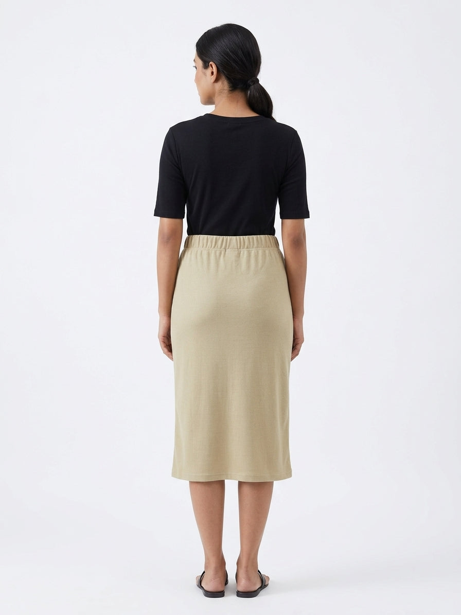 Women's Beige Ribbed Midi Skirt