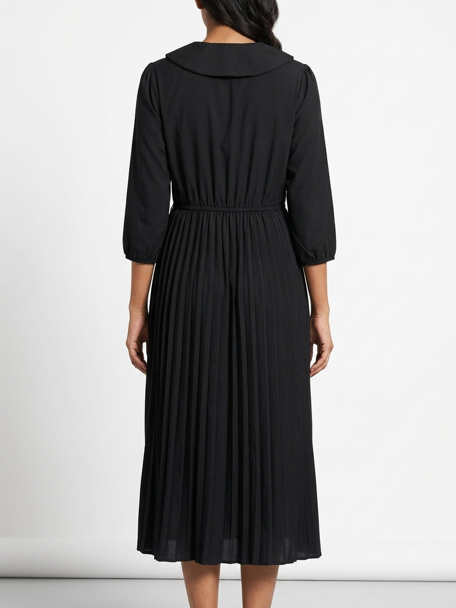 Women's Black Peter Pan Collar Pleated Midi Dress