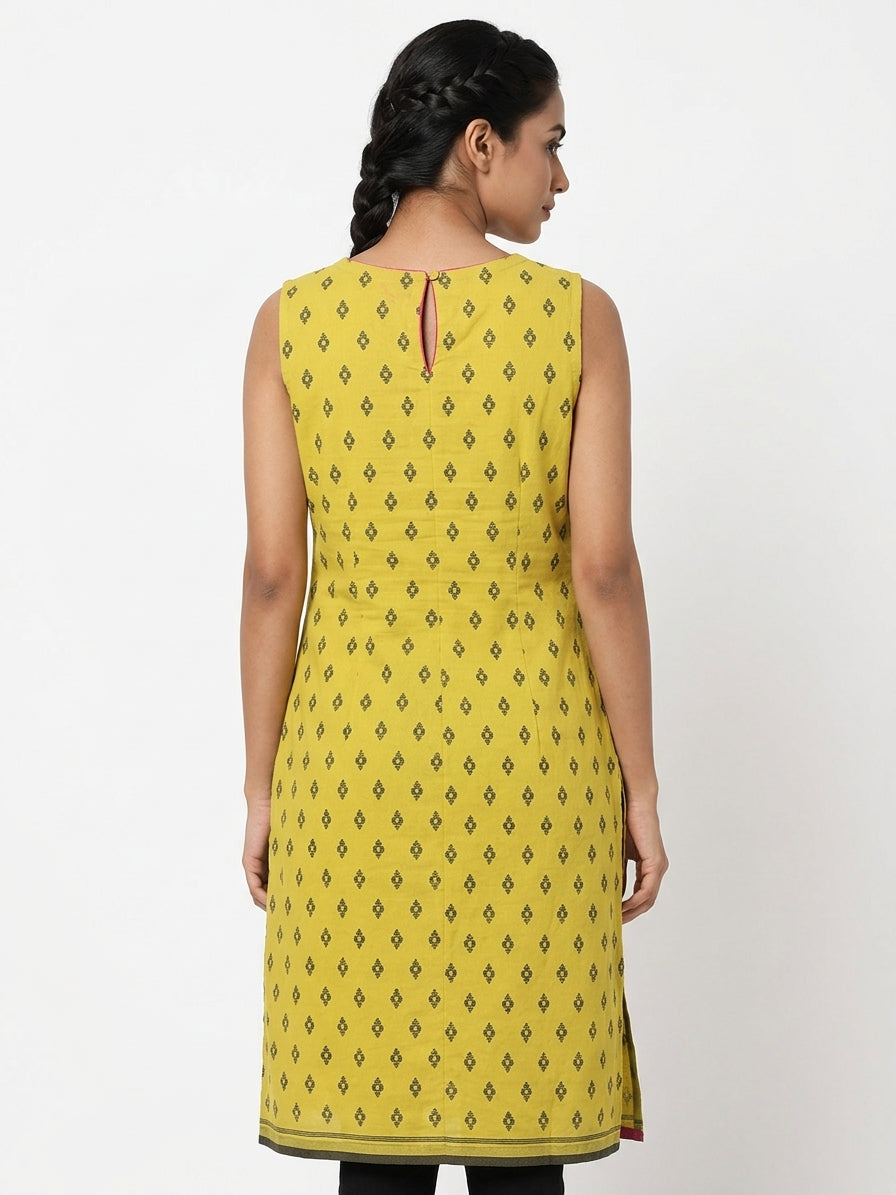 Women's Yellow Printed Sleeveless Kurti