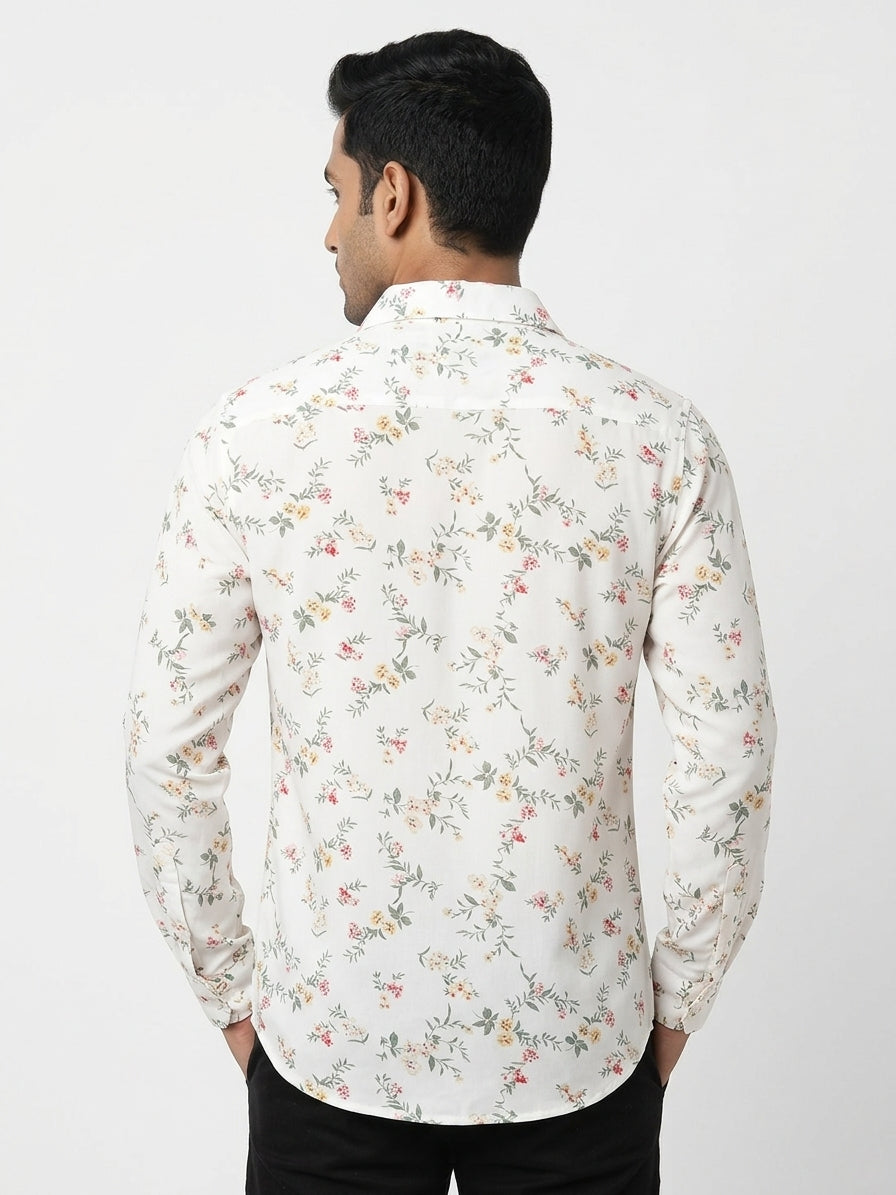 White Floral Print Long Sleeve Casual Shirt