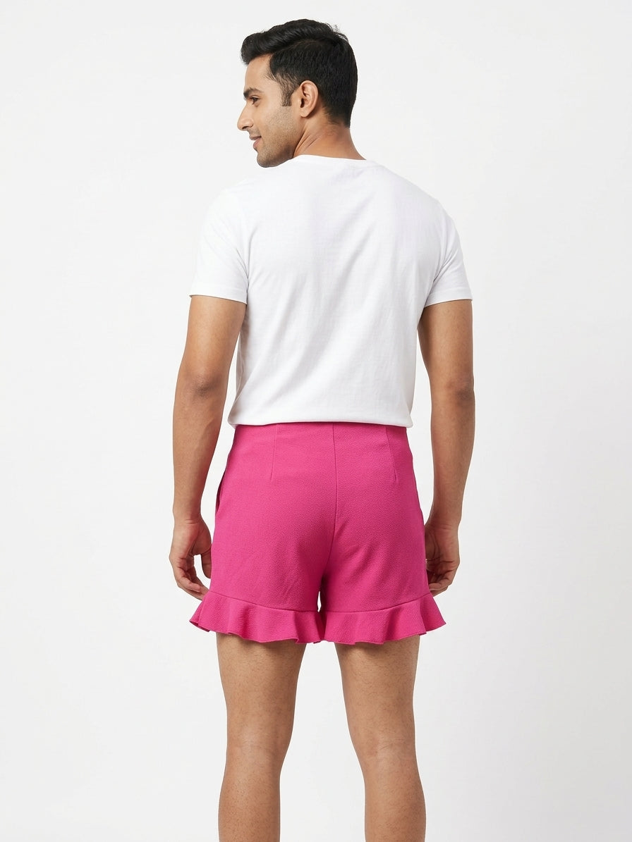 Vibrant Pink Ruffled Hem Casual Shorts