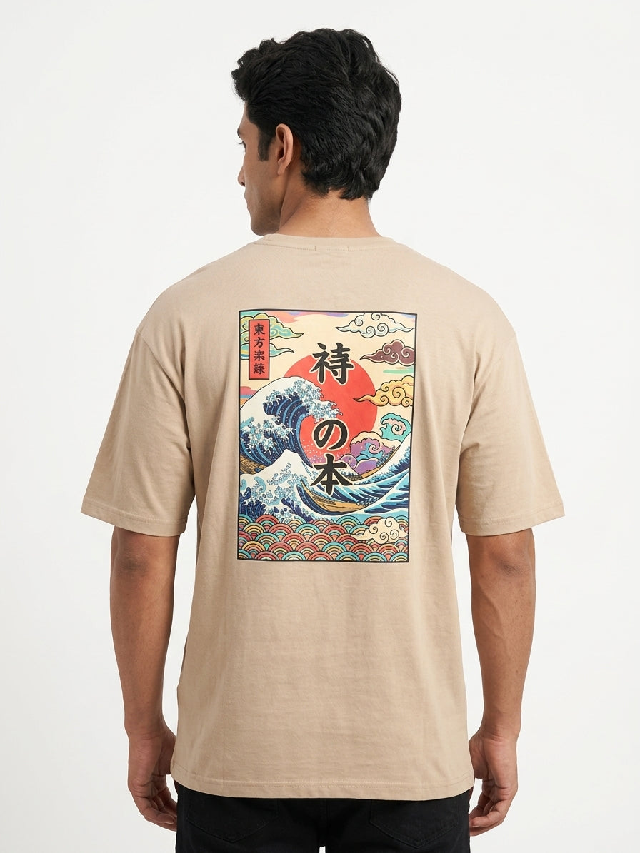 Beige Graphic Print T-Shirt with Japanese Motif