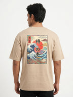 Beige Graphic Print T-Shirt with Japanese Motif