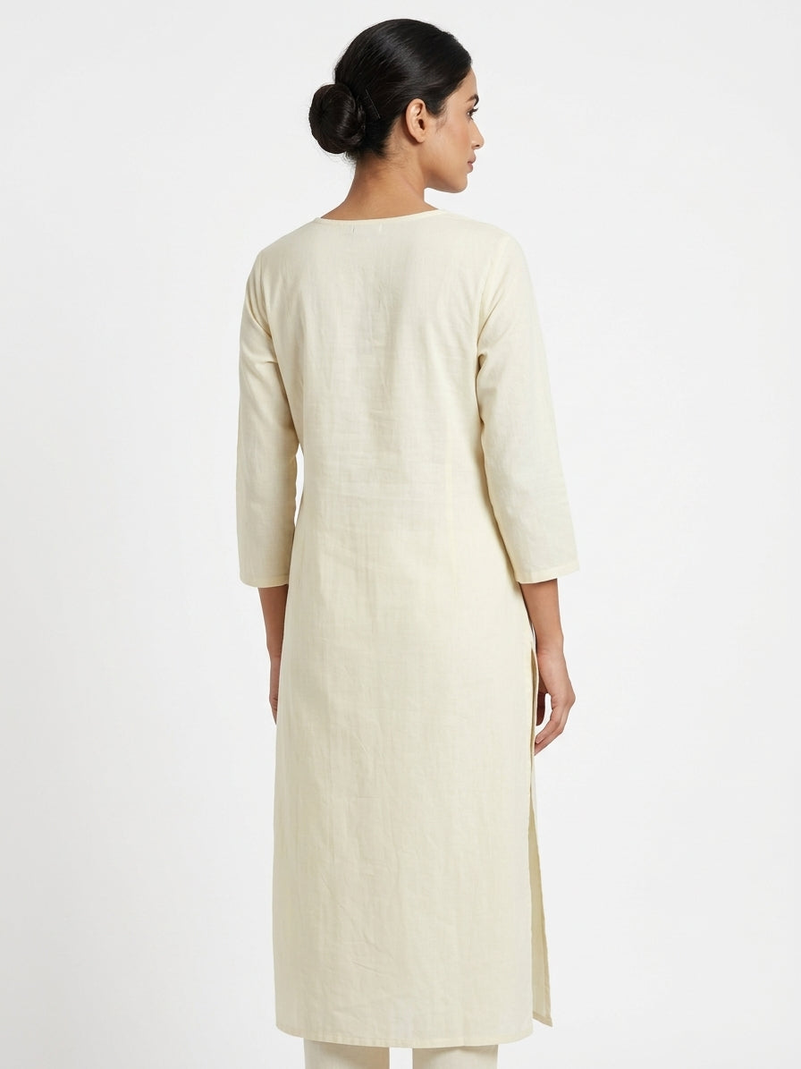Cream Embroidered Round Neck Kurti