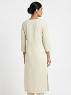 Cream Embroidered Round Neck Kurti