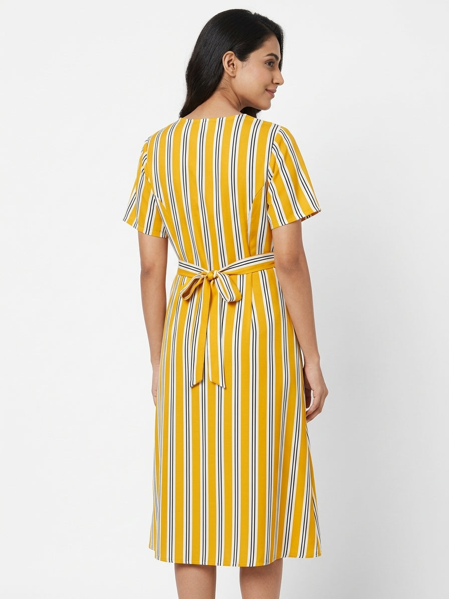 Women's Yellow Striped V-Neck Tie-Waist Midi Dress