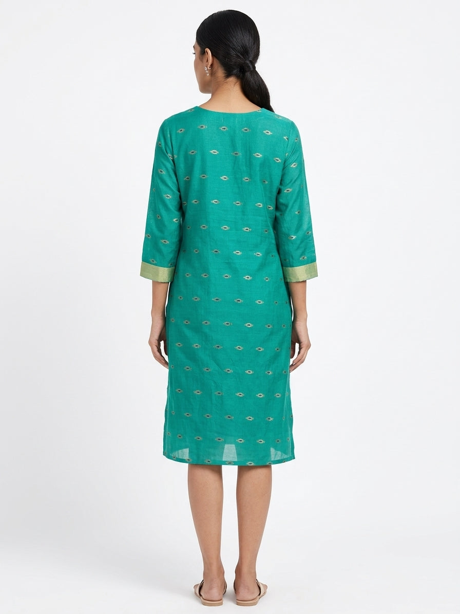Teal Green V-Neck Kurti with Gold Print Detail