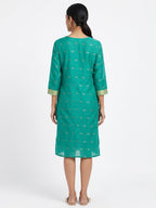 Teal Green V-Neck Kurti with Gold Print Detail