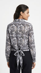 Grey Patterned Long Sleeve Tie-Hem Top