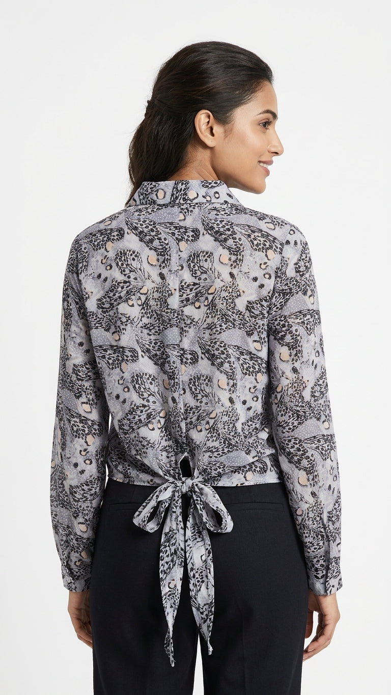 Grey Patterned Long Sleeve Tie-Hem Top