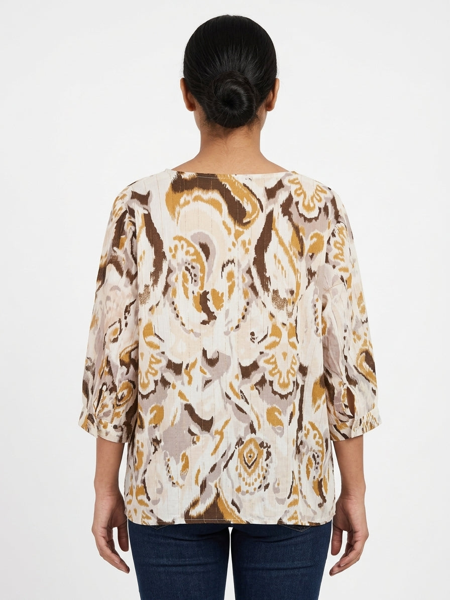 Women's Cream Abstract Print V-Neck Relaxed Top