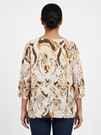Women's Cream Abstract Print V-Neck Relaxed Top