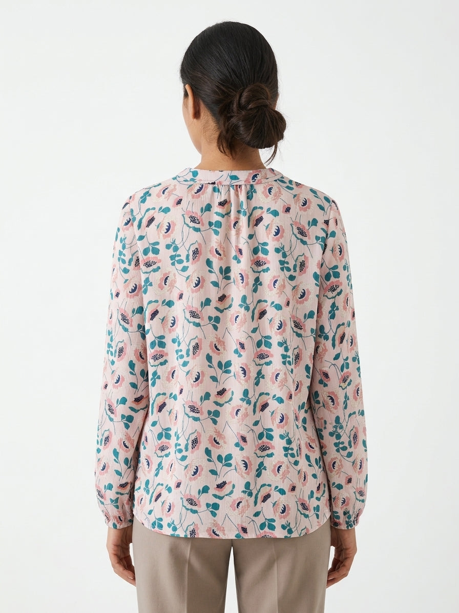 White Floral Print Tie-Neck Blouse