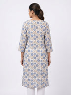 White & Blue Floral Printed Cotton Kurti