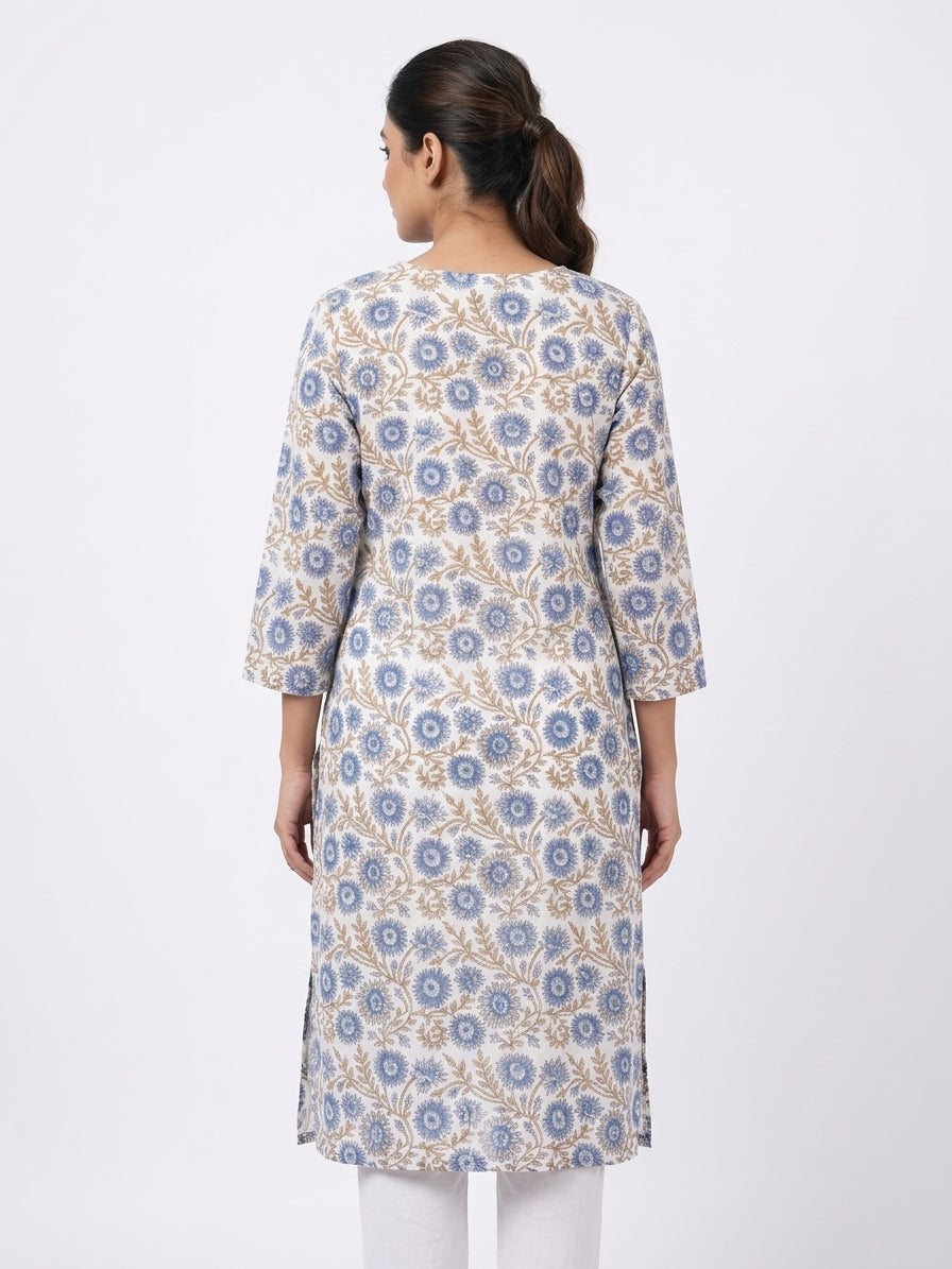 White & Blue Floral Printed Cotton Kurti