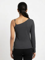 Charcoal Ribbed One-Shoulder Top with Chain Detail