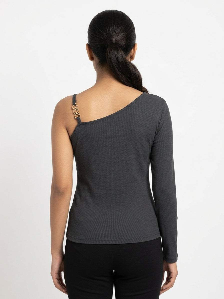 Charcoal Ribbed One-Shoulder Top with Chain Detail