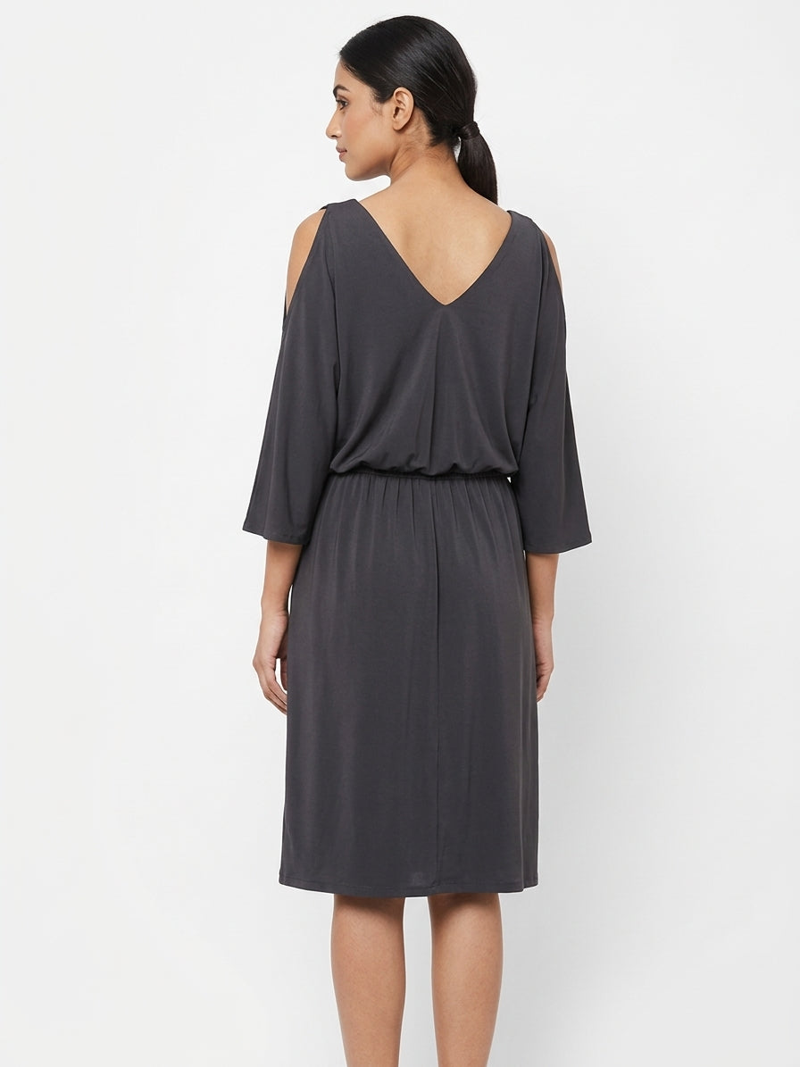 Women's Charcoal V-Neck Cold Shoulder Dress