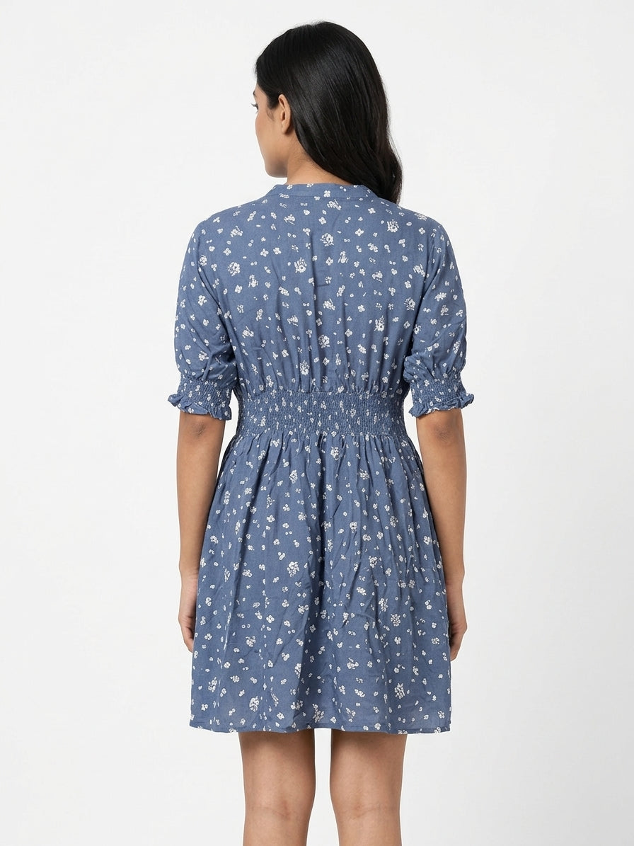Women's Blue Floral Print V-Neck Casual Dress