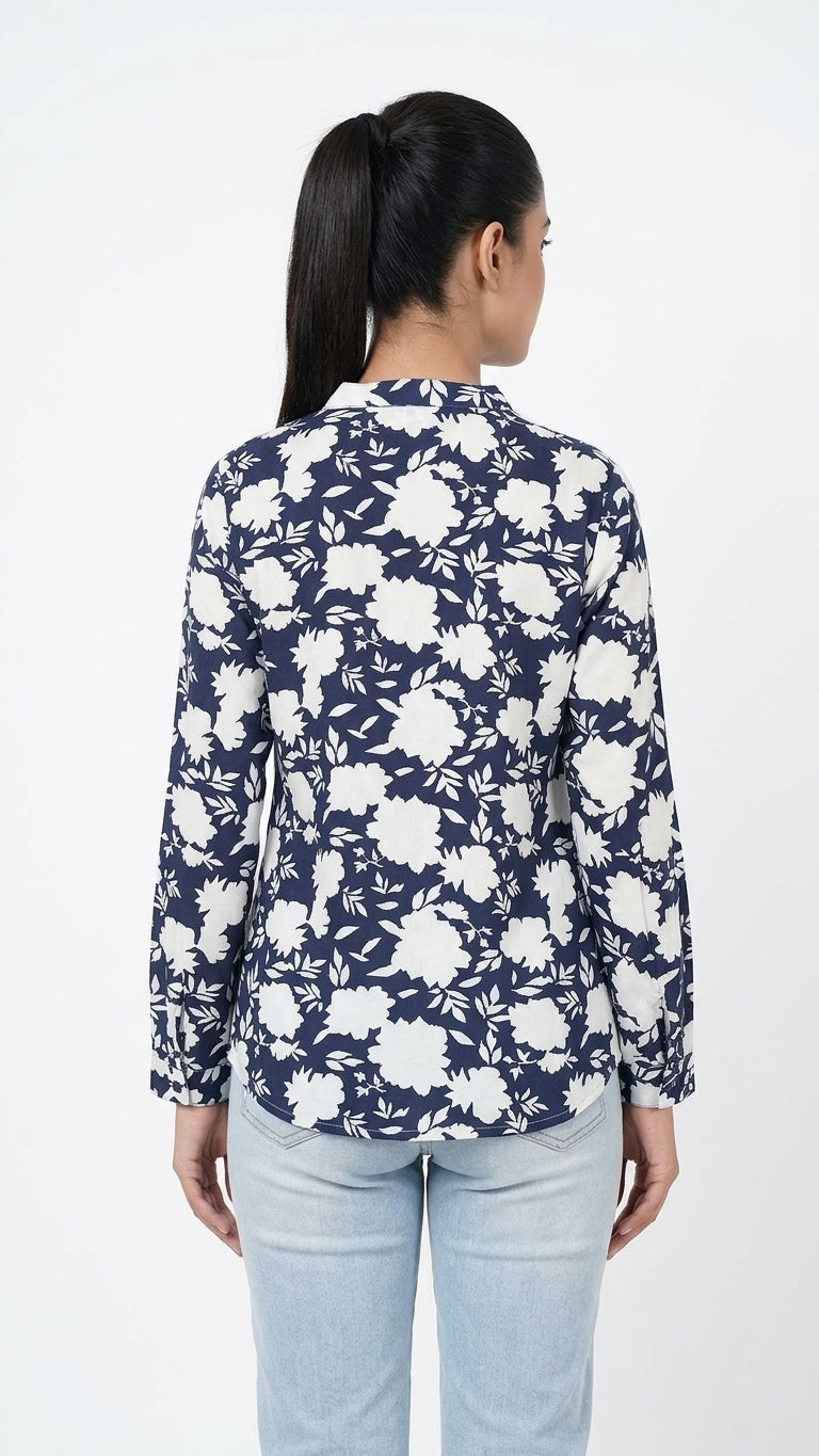 Women's Navy Blue & White Floral Print Casual Top