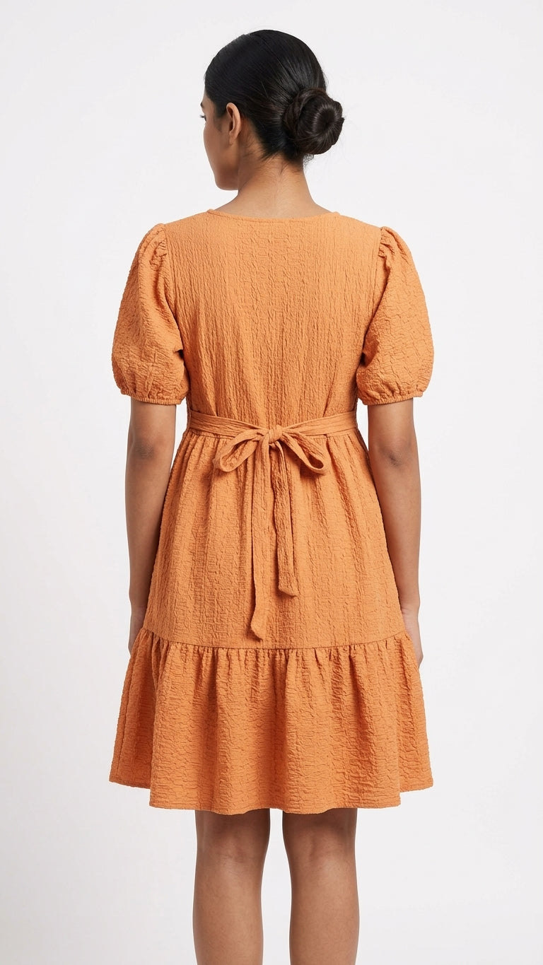 Orange Textured Puff Sleeve Tiered Dress