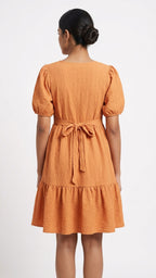 Orange Textured Puff Sleeve Tiered Dress