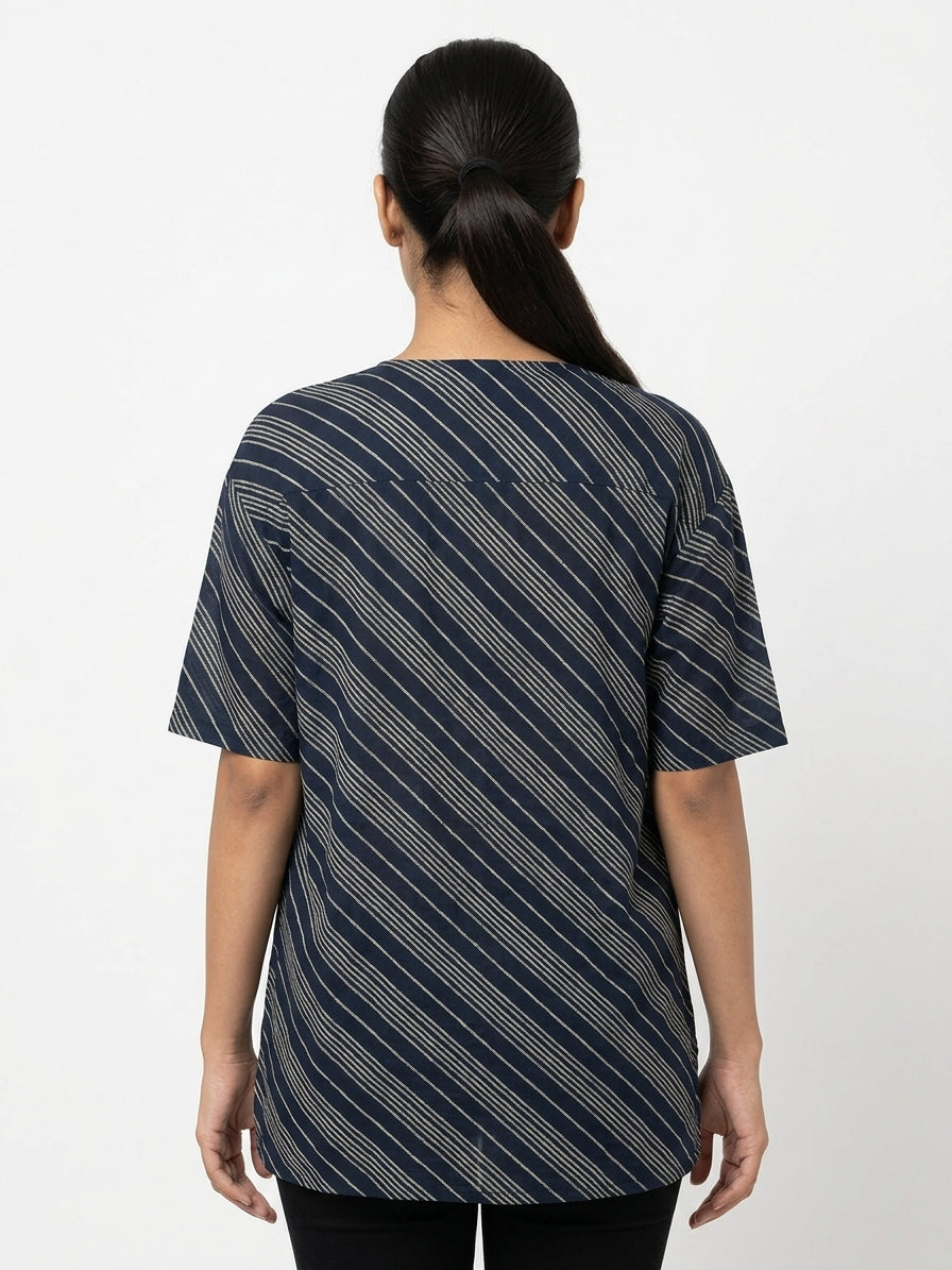 Navy Striped Relaxed Fit V-Neck Tunic Top