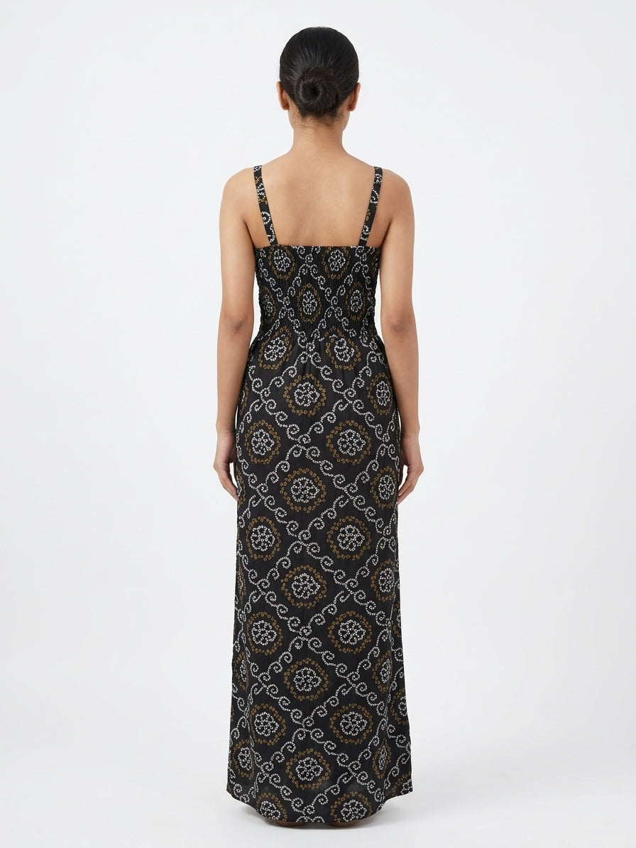 Women's Black Patterned Smocked Strappy Dress