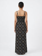 Women's Black Patterned Smocked Strappy Dress