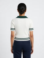Women's White Ribbed Polo Collar Knit Top