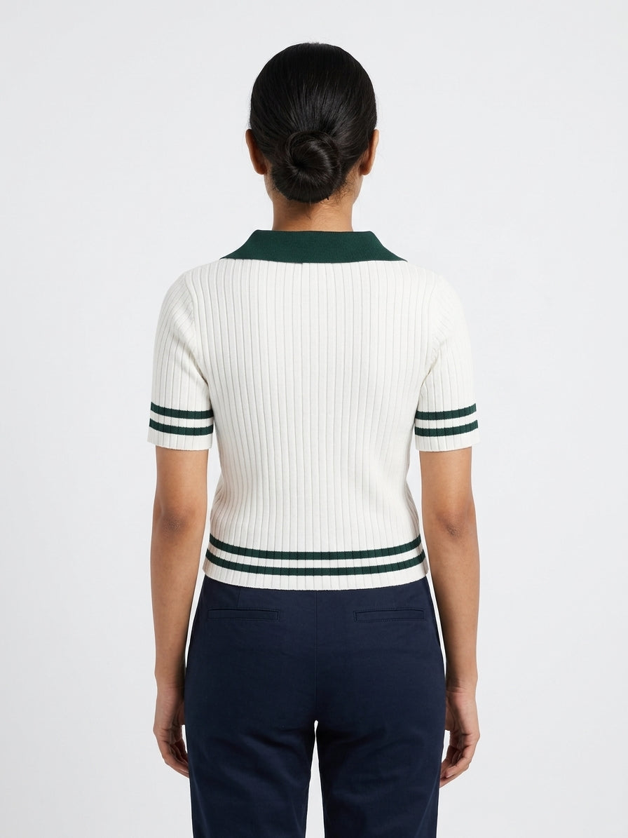 Women's White Ribbed Polo Collar Knit Top