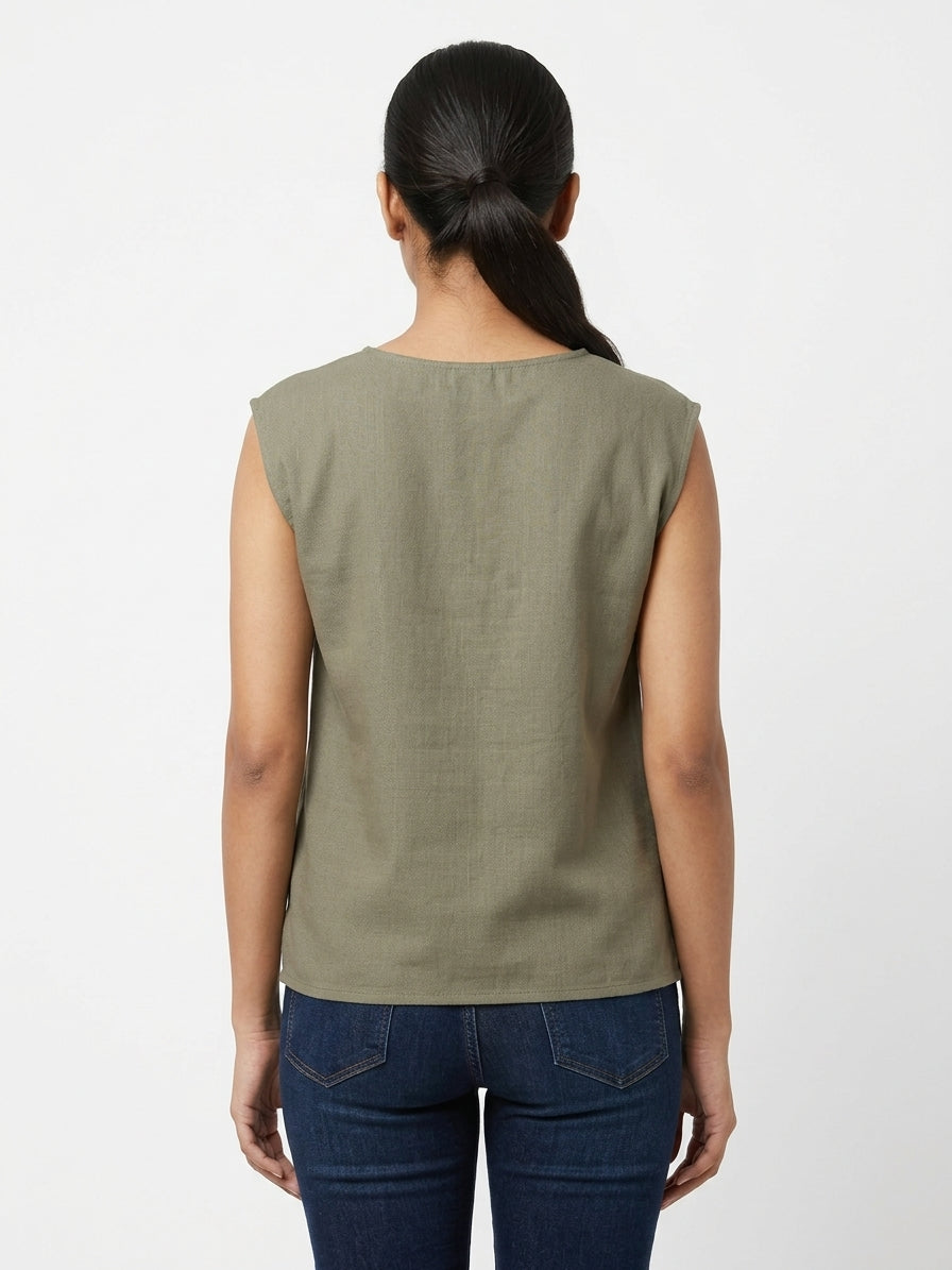 Women's Khaki Sleeveless Round Neck Top