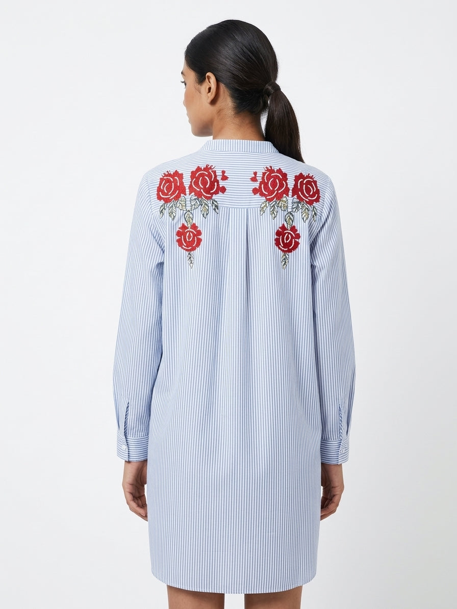 Blue Striped Embroidered Tunic Top