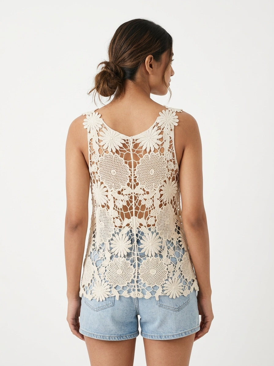 Women's Cream Crochet Knit Sleeveless Top